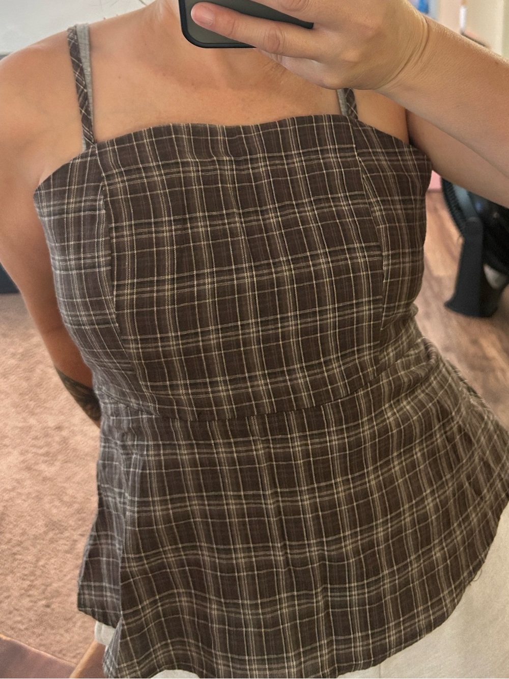 Plaid 100% Cotton Strap Top - Brown